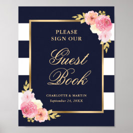 Póster Libro de firmas para invitados de boda floral azul