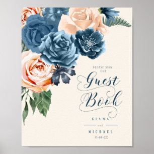 Póster Libro de Firmas para Invitados de Boda Rosas Azul/