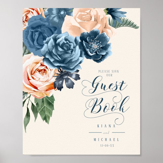 Póster Libro de Firmas para Invitados de Boda Rosas Azul/ (Frente)