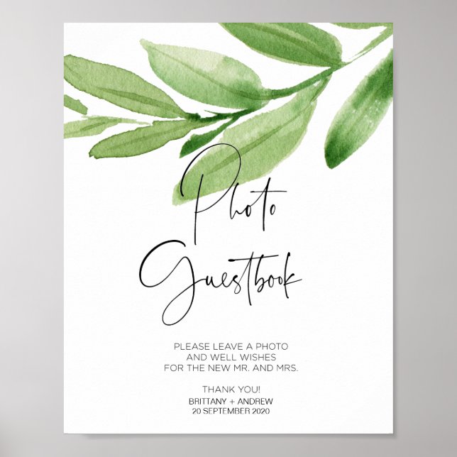 Póster Libro de firmas y fotos de boda verde botánico (Frente)