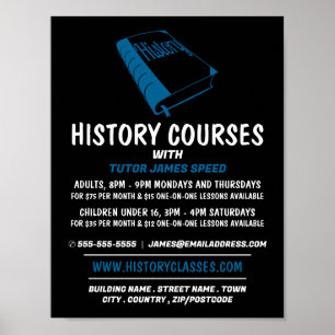 Póster Libro de historia azul, anuncio de curso de histor