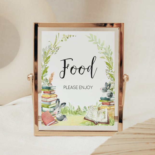 Póster Libro de historias Nuevo capítulo de Baby Shower F (Vintage Storybook Rabbit Baby Shower Food Sign)