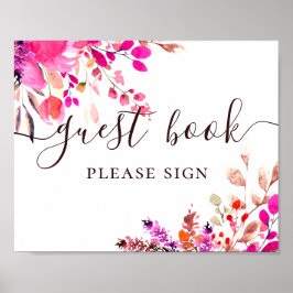 Póster Libro de invitados. Boda de acuarela con flores ro