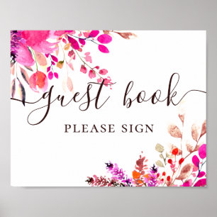 Póster Libro de invitados. Boda de escritura floral rosa