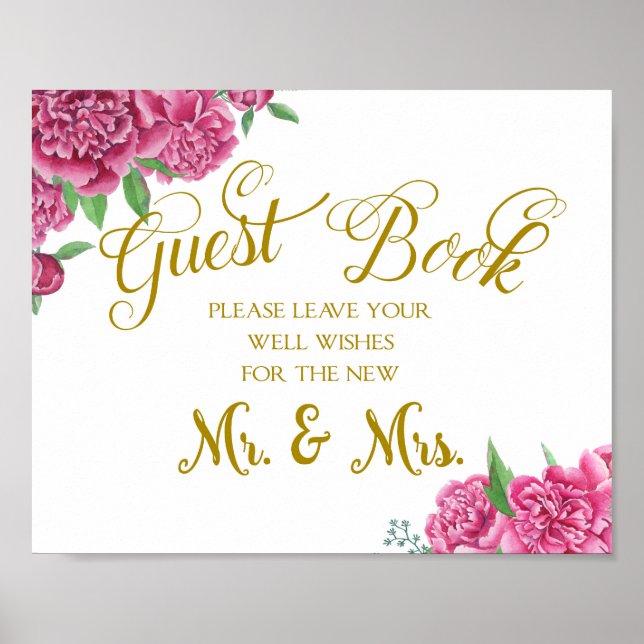 Póster Libro de invitados buenos deseos boda firma peony  (Frente)
