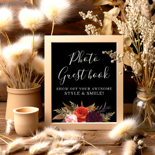 Póster Libro de invitados de Black Boho Floral Bridal Sho