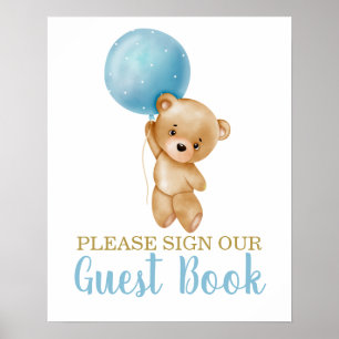 Póster Libro de invitados de Blue Teddy Bear Baby Shower 