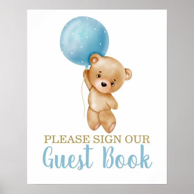 Póster Libro de invitados de Blue Teddy Bear Baby Shower  (Frente)