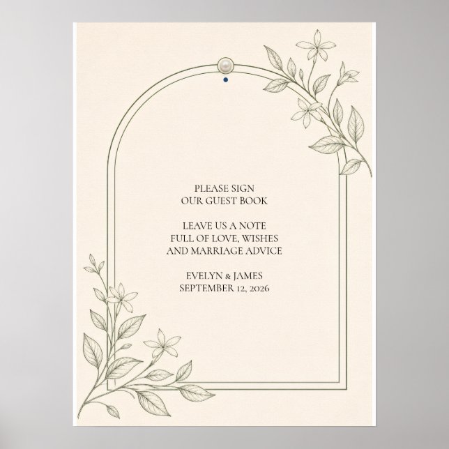 Póster Libro de Invitados de Boda Botánico de Olivo (Frente)