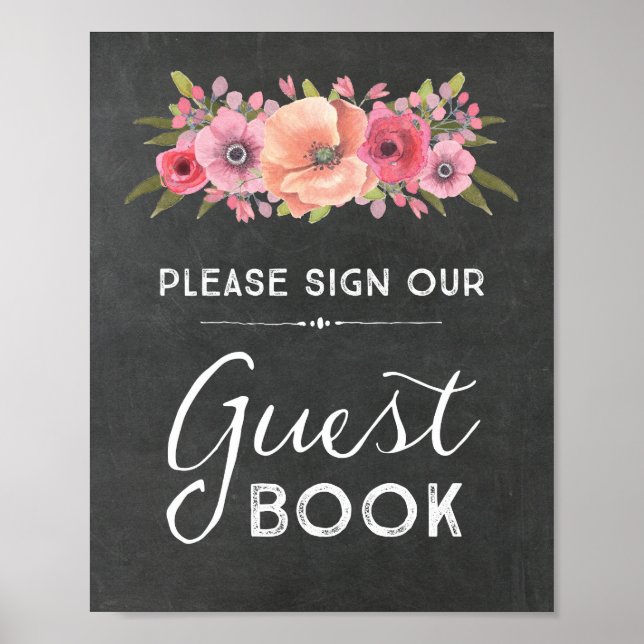 Póster Libro de invitados de boda con flores de acuarela  (Frente)