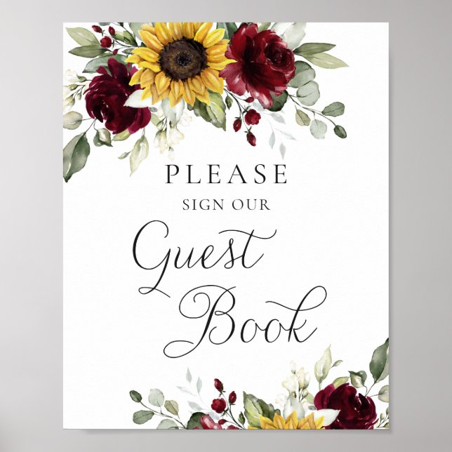 Póster Libro de invitados de boda con girasoles Burgundy  (Frente)