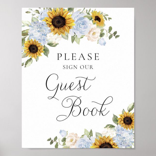 Póster Libro de invitados de boda con girasoles Dusty Blu (Frente)