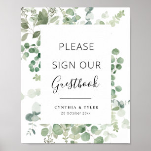 Póster libro de invitados de boda con guión negro y veget