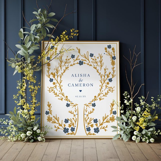 Póster Libro de invitados de Boda de árbol de huellas dac (Framed Gold Fingerprint Tree Wedding Guest Book)