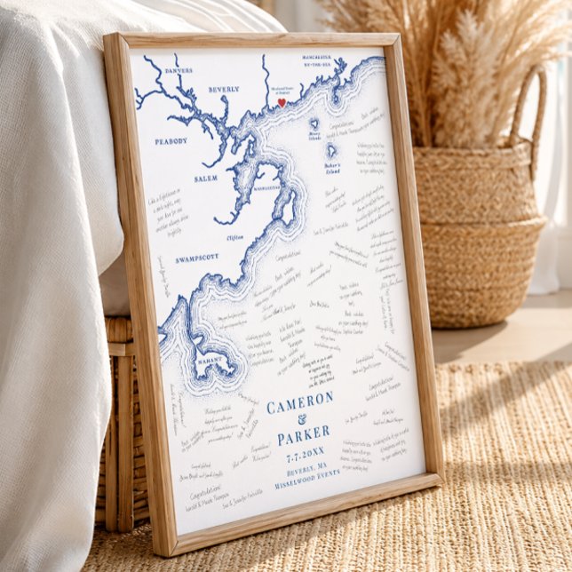 Póster Libro de invitados de boda de Misselwood Events en (Misselwood Events at Endicott Wedding Guest Book Poster with Beverly MA North Shore Map)
