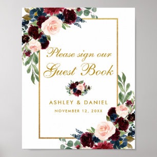 Póster Libro de invitados de boda floral azul de Borgoña