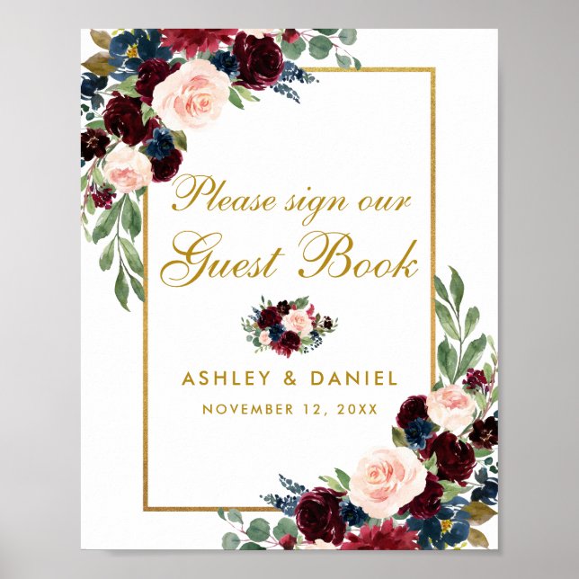 Póster Libro de invitados de boda floral azul de Borgoña  (Frente)