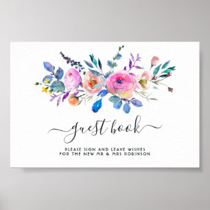 Póster Libro de invitados de boda floral con acuarela ros