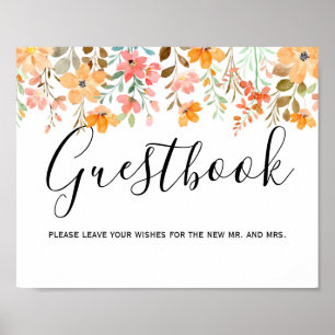 Póster Libro de invitados de Boda Floral de acuarela de v