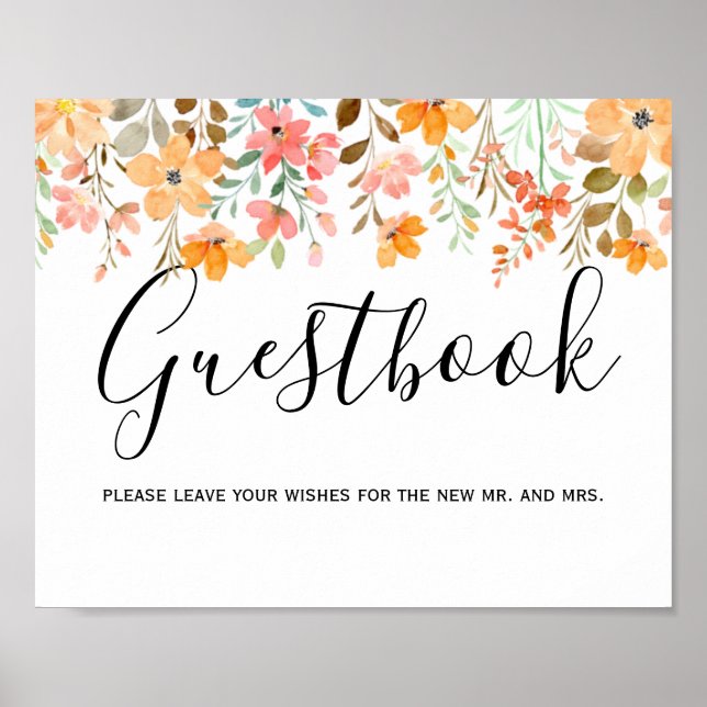 Póster Libro de invitados de Boda Floral de acuarela de v (Frente)