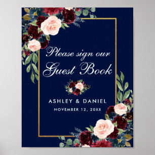 Póster Libro de invitados de boda floral dorado Borgoña a
