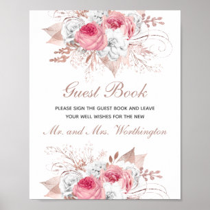 Póster Libro de invitados de boda floral rosa blanco oro