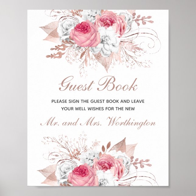 Póster Libro de invitados de boda floral rosa blanco oro (Frente)