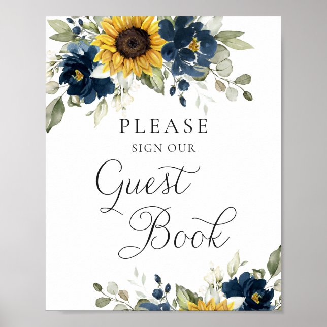 Póster Libro de invitados de boda girasoles azul marino v (Frente)