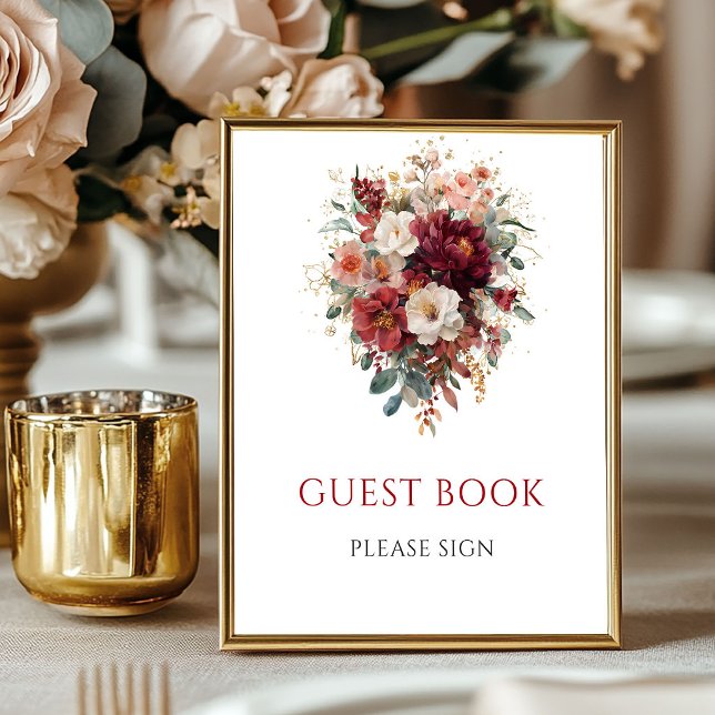 Póster Libro de invitados de boda signo de terracota boho (Terracotta Boho Burgundy Guest Book Wedding Sign

)