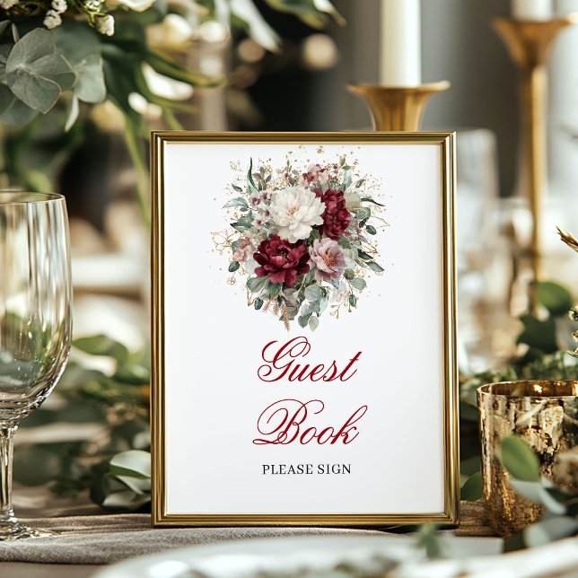 Póster Libro de Invitados de Borgoña con Rubor Dorado Señ (Gold Blush Burgundy Guest Book 8x10 Sign)