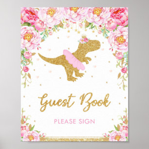 Póster Libro de invitados de cumpleaños de dinosaurio flo