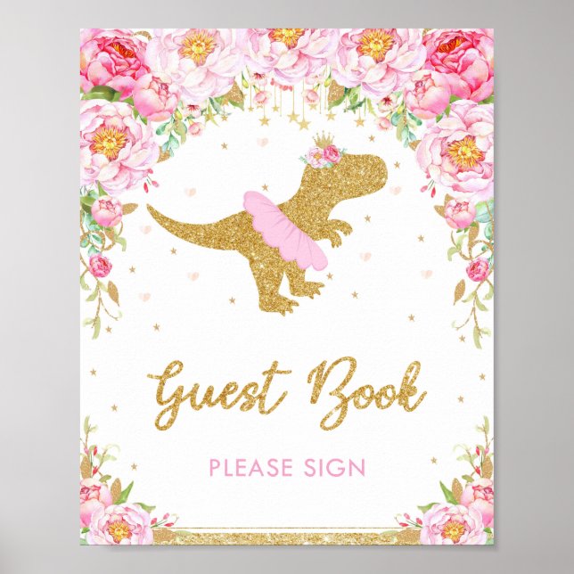 Póster Libro de invitados de cumpleaños de dinosaurio flo (Frente)