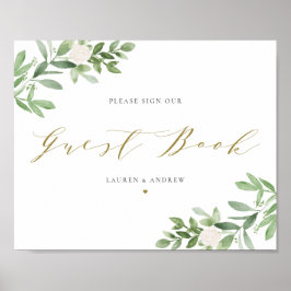 Póster Libro de invitados de flores blancas y vegetación 