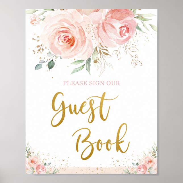 Póster Libro de invitados de flores rosadas Chic Blush co (Frente)