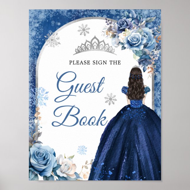 Póster Libro de invitados de Quinceañera con copo de niev (Frente)