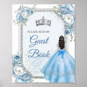 Póster Libro de invitados de Quinceañera floral azul