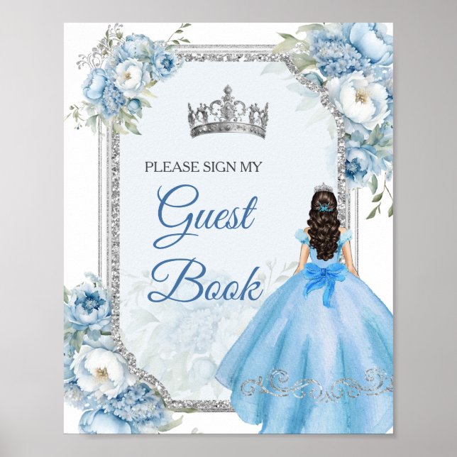 Póster Libro de invitados de Quinceañera floral azul (Frente)