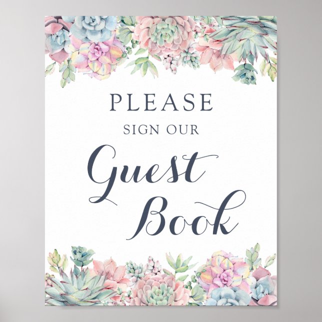 Póster Libro de invitados elegante con suculentas acuarel (Frente)