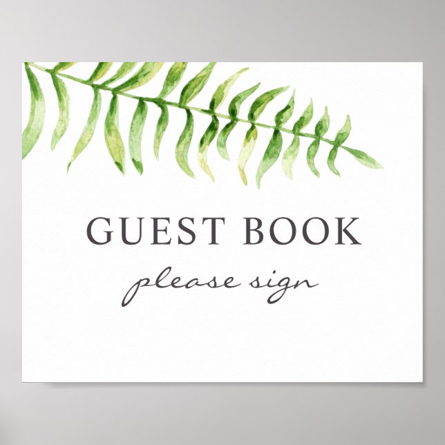 Póster Libro de invitados firmar. Helecho acuarela. Boda  (Frente)