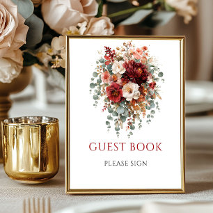Póster Libro de invitados floral Boho Borgoña 8x10 para m
