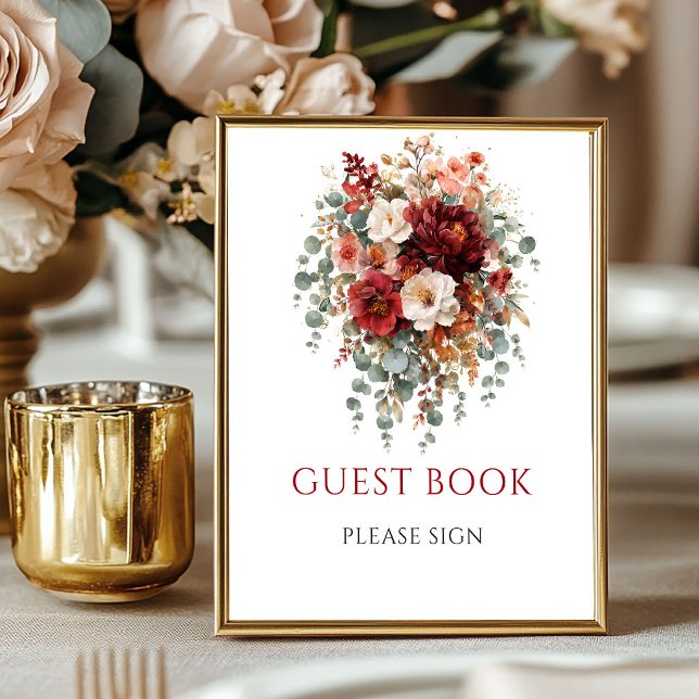 Póster Libro de invitados floral Boho Borgoña 8x10 para m (Maroon Autumn Floral Guest Book Wedding Tabletop)