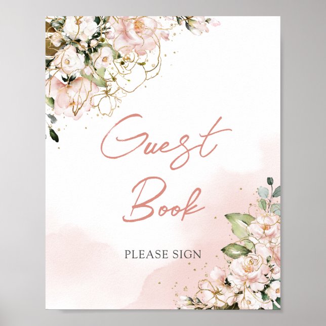Póster Libro de invitados floral boho dorado rosa etéreo (Frente)