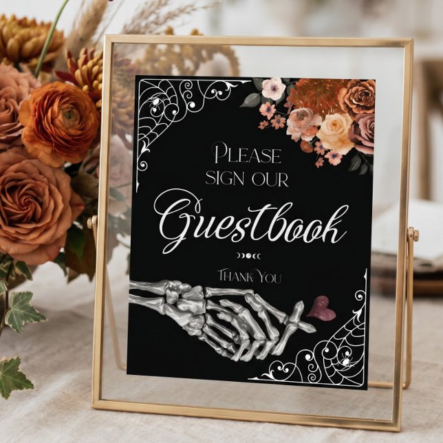 Póster Libro de invitados floral de otoño esqueleto gótic (Til Death Watercolor Skeleton Hand Guestbook)