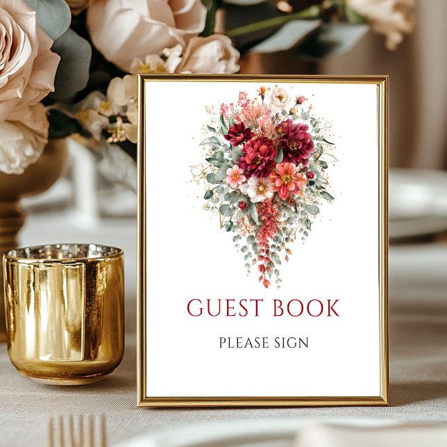 Póster Libro de invitados floral de otoño granate con let (Maroon Autumn Floral Guest Book Eucalyptus Sign

)