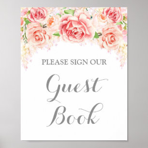 Póster Libro de Invitados Flores Acuarela Rosa