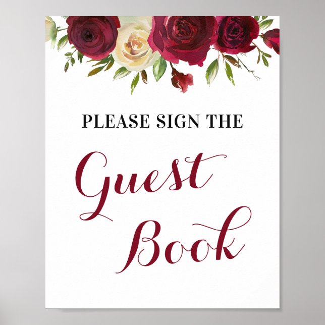 Póster Libro de invitados Marsala para boda, baby shower (Frente)