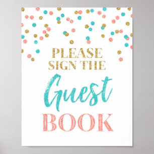 Póster Libro de invitados para boda con signo dorado teal