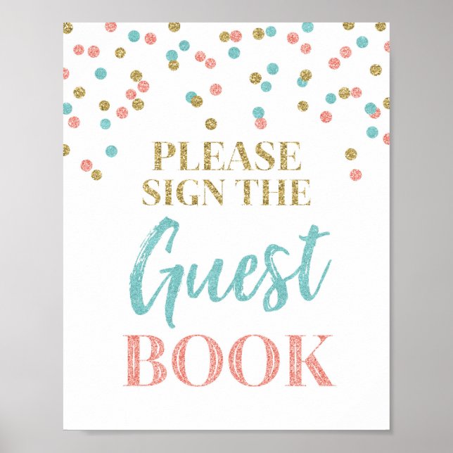Póster Libro de invitados para boda con signo dorado teal (Frente)