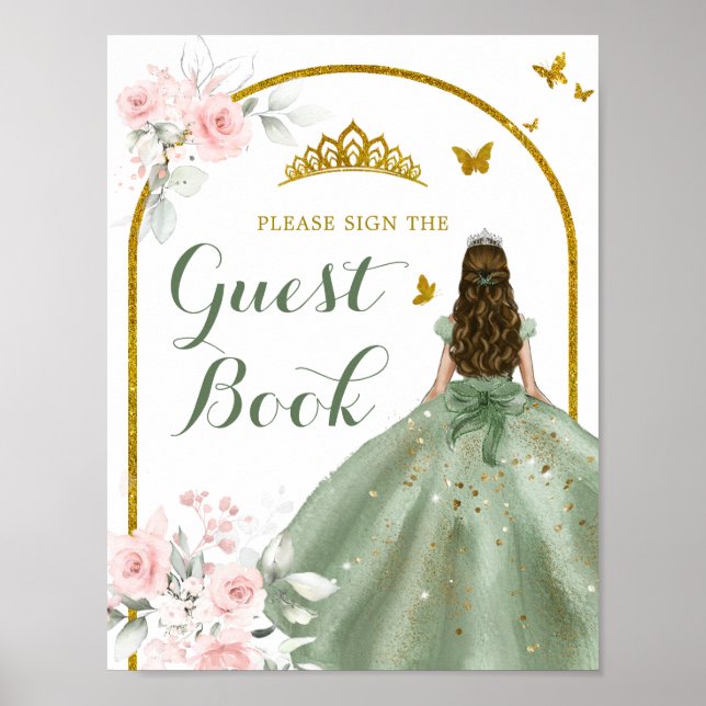 Póster Libro de invitados Sage Green Gold Floral Quinceañ (Frente)