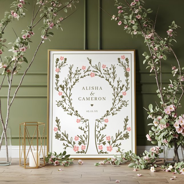 Póster Libro de invitados sobre el árbol de huellas dacti (Framed Green Fingerprint Tree Wedding Guest Book)